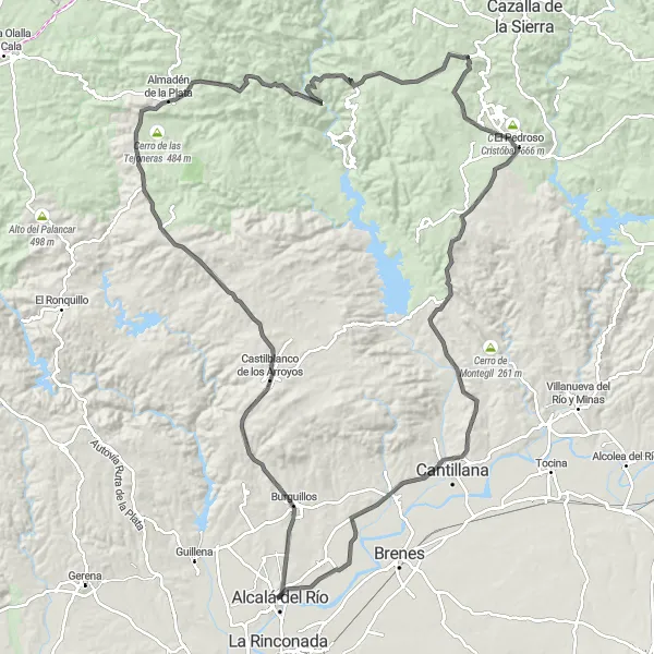 Map miniature of "Alcalá del Río - Burguillos Loop" cycling inspiration in Andalucía, Spain. Generated by Tarmacs.app cycling route planner