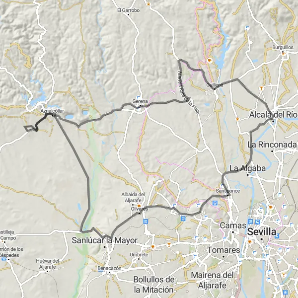 Map miniature of "Alcalá del Río - Mirador del Teatro Romano Loop" cycling inspiration in Andalucía, Spain. Generated by Tarmacs.app cycling route planner