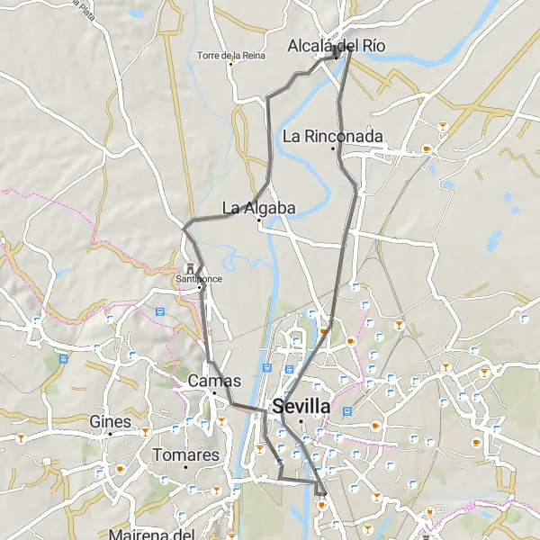 Karten-Miniaturansicht der Radinspiration "Romantische Straßen von Sevilla" in Andalucía, Spain. Erstellt vom Tarmacs.app-Routenplaner für Radtouren