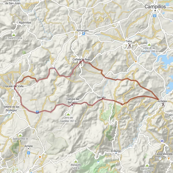 Miniature de la carte de l'inspiration cycliste "Aventure gravel autour de Serrato" dans la Andalucía, Spain. Générée par le planificateur d'itinéraire cycliste Tarmacs.app
