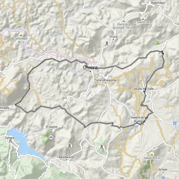 Miniatura mapy "Trasa przez Setenil de las Bodegas" - trasy rowerowej w Andalucía, Spain. Wygenerowane przez planer tras rowerowych Tarmacs.app