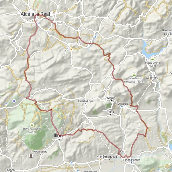 Miniatura della mappa di ispirazione al ciclismo "Tour in bicicletta tra Alcalà la Real e Fortaleza de la Mota" nella regione di Andalucía, Spain. Generata da Tarmacs.app, pianificatore di rotte ciclistiche