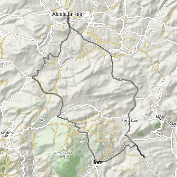 Map miniature of "Fortaleza de la Mota and Mirador de Fátima Loop" cycling inspiration in Andalucía, Spain. Generated by Tarmacs.app cycling route planner