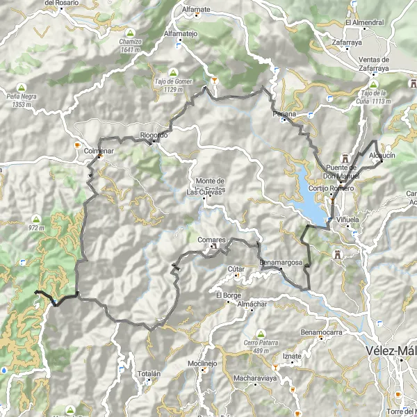 Miniatua del mapa de inspiración ciclista "Ruta de Carretera Comares-Puente de Don Manuel" en Andalucía, Spain. Generado por Tarmacs.app planificador de rutas ciclistas