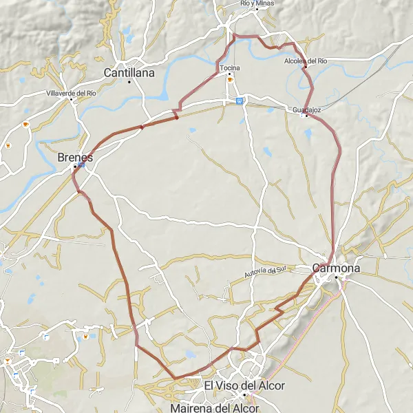 Miniatua del mapa de inspiración ciclista "Ruta en Gravel por los alrededores de Alcolea del Río" en Andalucía, Spain. Generado por Tarmacs.app planificador de rutas ciclistas