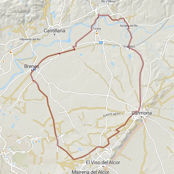 Miniatuurkaart van de fietsinspiratie "Gravel fietsroute vanaf Alcolea del Río naar Brenes" in Andalucía, Spain. Gemaakt door de Tarmacs.app fietsrouteplanner