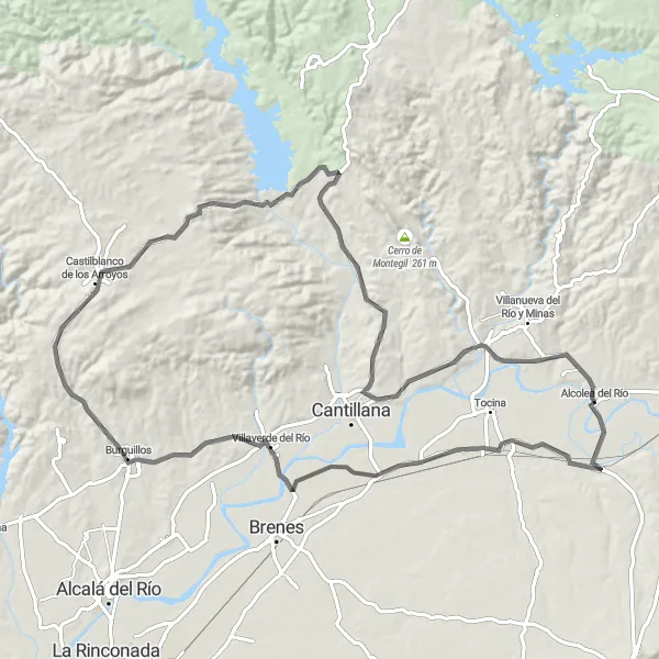 Miniatura della mappa di ispirazione al ciclismo "Giro in bici su strada da Alcolea del Río" nella regione di Andalucía, Spain. Generata da Tarmacs.app, pianificatore di rotte ciclistiche