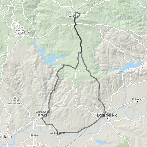 Miniatua del mapa de inspiración ciclista "Ruta Alcolea del Río - Villanueva del Río y Minas - Constantina - Lora del Río" en Andalucía, Spain. Generado por Tarmacs.app planificador de rutas ciclistas