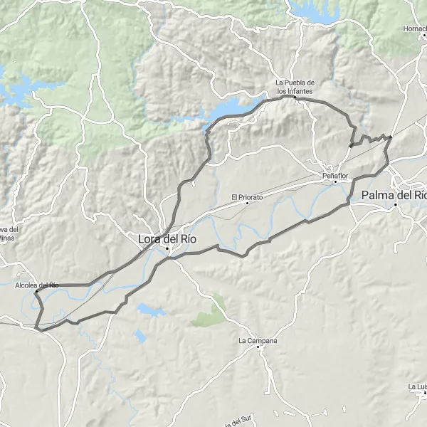 Miniaturní mapa "Trasa Lora del Río - Isla de Carmen" inspirace pro cyklisty v oblasti Andalucía, Spain. Vytvořeno pomocí plánovače tras Tarmacs.app