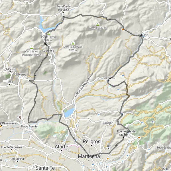 Miniatura della mappa di ispirazione al ciclismo "Avventura in bicicletta tra le montagne di Albolote" nella regione di Andalucía, Spain. Generata da Tarmacs.app, pianificatore di rotte ciclistiche