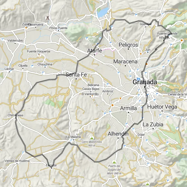 Miniatura della mappa di ispirazione al ciclismo "Vuelta panoramica attraverso San Nicolás e Granada" nella regione di Andalucía, Spain. Generata da Tarmacs.app, pianificatore di rotte ciclistiche