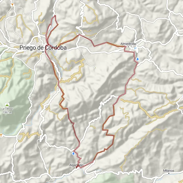 Miniatura della mappa di ispirazione al ciclismo "Esplorazione in gravel da Algarinejo a Almedinilla" nella regione di Andalucía, Spain. Generata da Tarmacs.app, pianificatore di rotte ciclistiche