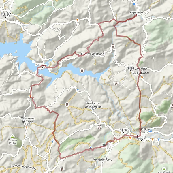 Miniatura della mappa di ispirazione al ciclismo "Avventura in MTB da Algarinejo al Castillo de Iznájar" nella regione di Andalucía, Spain. Generata da Tarmacs.app, pianificatore di rotte ciclistiche