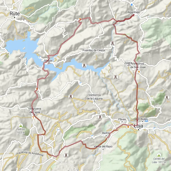 Miniatura della mappa di ispirazione al ciclismo "Esplorazione in gravel da Algarinejo a Iznájar" nella regione di Andalucía, Spain. Generata da Tarmacs.app, pianificatore di rotte ciclistiche