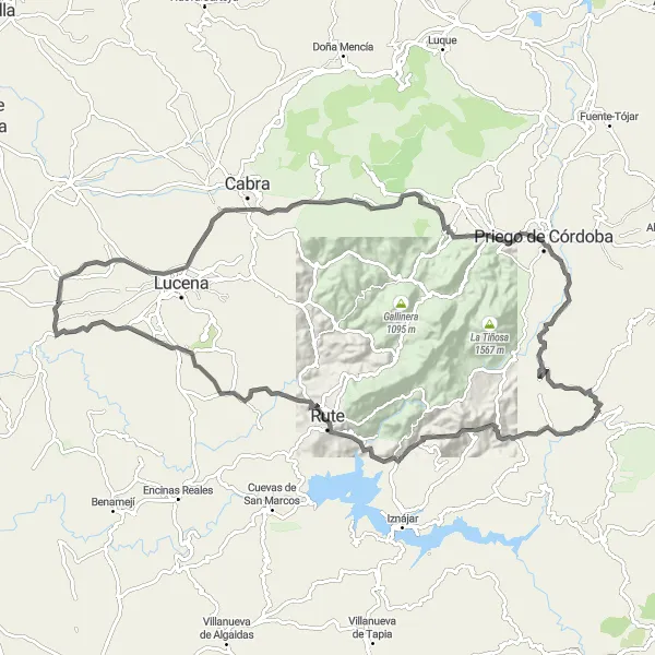 Miniatuurkaart van de fietsinspiratie "Wielrennen rond Algarinejo via Rute, Fuente del Río, Mirador de la Cabrera, Carcabuey en Balcón del Adarve" in Andalucía, Spain. Gemaakt door de Tarmacs.app fietsrouteplanner