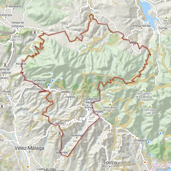 Miniatura della mappa di ispirazione al ciclismo "Avventura in bicicletta su sterrato tra Arenas e Cómpeta" nella regione di Andalucía, Spain. Generata da Tarmacs.app, pianificatore di rotte ciclistiche