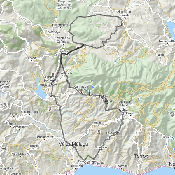 Miniature de la carte de l'inspiration cycliste "Les Montagnes et Villages Blancs" dans la Andalucía, Spain. Générée par le planificateur d'itinéraire cycliste Tarmacs.app