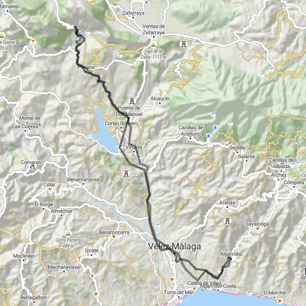 Miniatura della mappa di ispirazione al ciclismo "Giro in bicicletta verso la Maroma" nella regione di Andalucía, Spain. Generata da Tarmacs.app, pianificatore di rotte ciclistiche