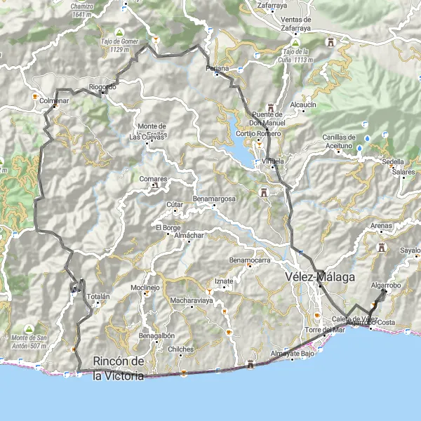 Miniatura della mappa di ispirazione al ciclismo "Giro in bici su strada da Algarrobo a Vélez-Málaga" nella regione di Andalucía, Spain. Generata da Tarmacs.app, pianificatore di rotte ciclistiche