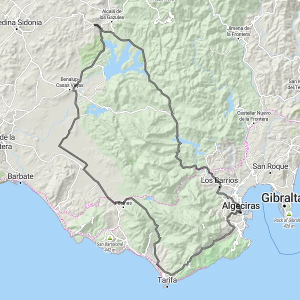 Miniatuurkaart van de fietsinspiratie "Rondrit Algeciras - El Bujeo - Observatorio de Aves - Facinas - Tahivilla - Benalup-Casas Viejas - Los Barrios" in Andalucía, Spain. Gemaakt door de Tarmacs.app fietsrouteplanner