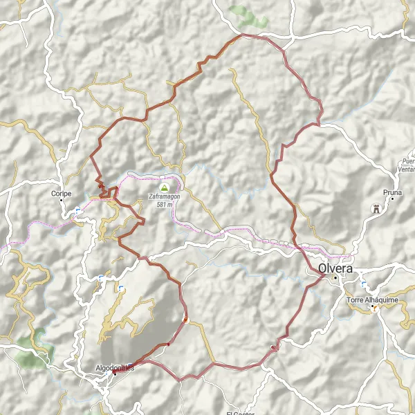 Map miniature of "Gravel Challenge to Olvera" cycling inspiration in Andalucía, Spain. Generated by Tarmacs.app cycling route planner