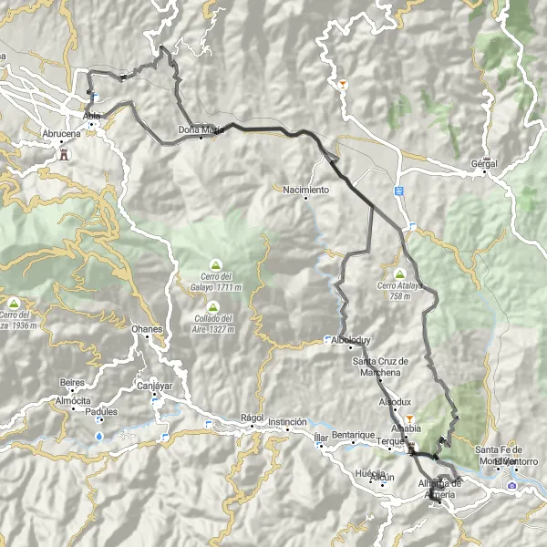 Miniaturekort af cykelinspirationen "Cerro de la Cruz Alhabia - Santa Cruz de Marchena Vejcykelrute" i Andalucía, Spain. Genereret af Tarmacs.app cykelruteplanlægger