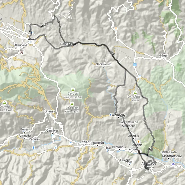 Miniatuurkaart van de fietsinspiratie "Uitdagende tocht naar Santa Cruz de Marchena en Escúllar" in Andalucía, Spain. Gemaakt door de Tarmacs.app fietsrouteplanner