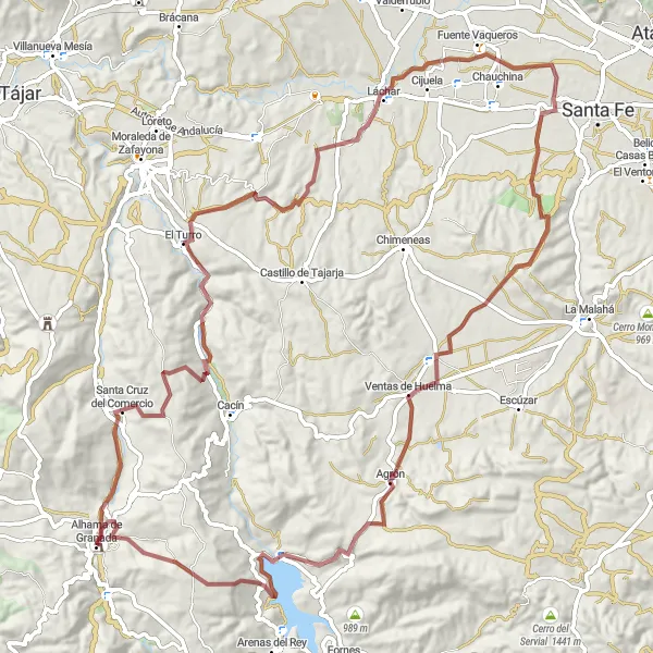 Miniatura mapy "Przejażdżka rowerowa w okolicach Alhama de Granada" - trasy rowerowej w Andalucía, Spain. Wygenerowane przez planer tras rowerowych Tarmacs.app