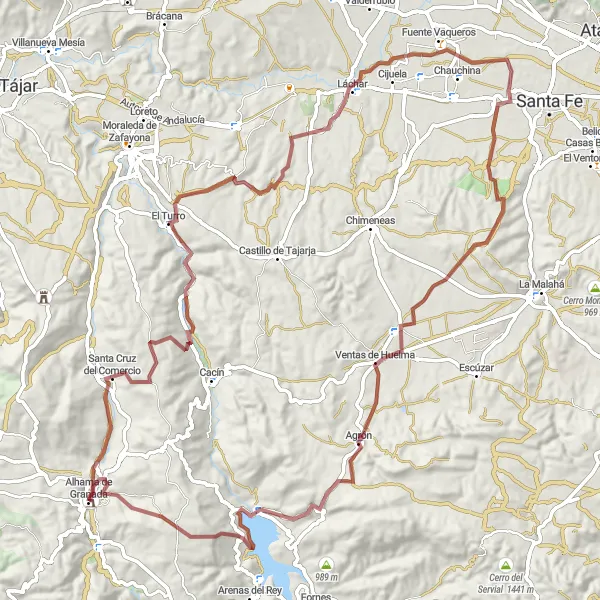 Map miniature of "Alhama de Granada Gravel Adventure" cycling inspiration in Andalucía, Spain. Generated by Tarmacs.app cycling route planner