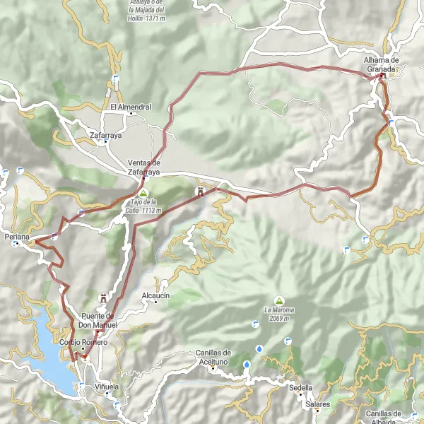 Map miniature of "Alhama de Granada Gravel Loop" cycling inspiration in Andalucía, Spain. Generated by Tarmacs.app cycling route planner