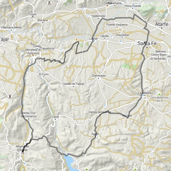 Map miniature of "Alhama de Granada to Trasmulas" cycling inspiration in Andalucía, Spain. Generated by Tarmacs.app cycling route planner