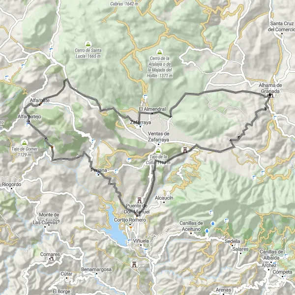 Miniaturekort af cykelinspirationen "Alhama de Granada til Alfarnate via Pico del Puerto" i Andalucía, Spain. Genereret af Tarmacs.app cykelruteplanlægger