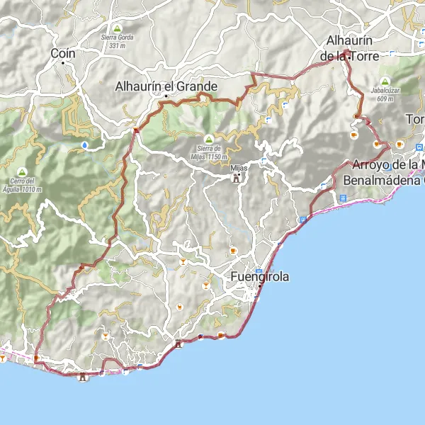 Map miniature of "Alhaurín de la Torre to Puerto Viejo Loop" cycling inspiration in Andalucía, Spain. Generated by Tarmacs.app cycling route planner