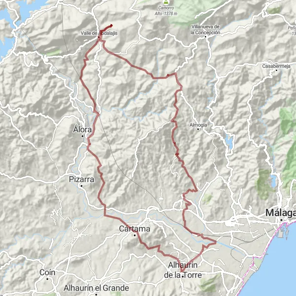 Map miniature of "Alhaurín de la Torre to Cártama Loop" cycling inspiration in Andalucía, Spain. Generated by Tarmacs.app cycling route planner