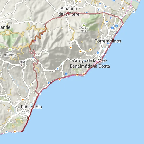 Miniatua del mapa de inspiración ciclista "Ruta de grava a Churriana y Los Pacos" en Andalucía, Spain. Generado por Tarmacs.app planificador de rutas ciclistas