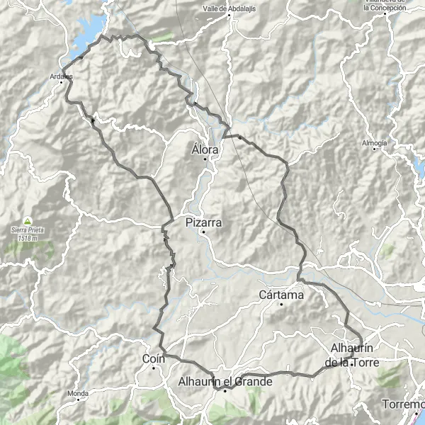 Miniatua del mapa de inspiración ciclista "Viaje en carretera a Zalea y El Chorro" en Andalucía, Spain. Generado por Tarmacs.app planificador de rutas ciclistas