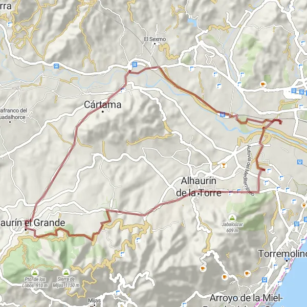 Map miniature of "Gravel Adventure Near Alhaurín el Grande" cycling inspiration in Andalucía, Spain. Generated by Tarmacs.app cycling route planner