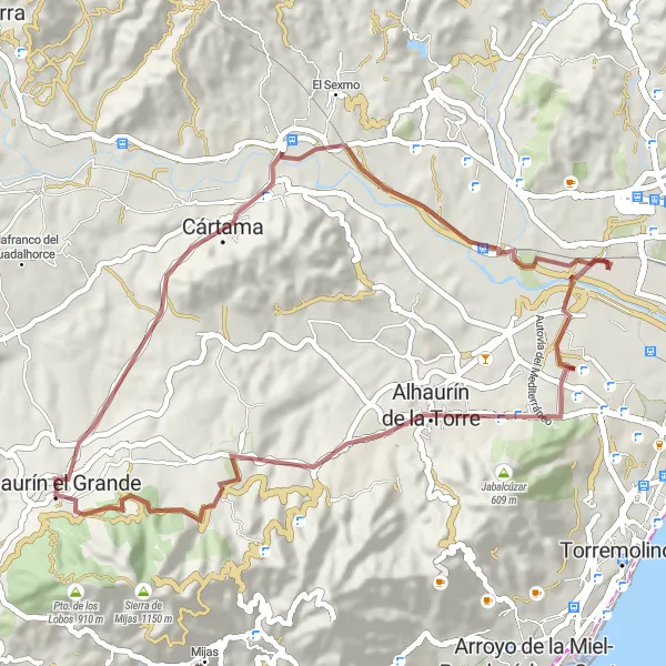 Miniatuurkaart van de fietsinspiratie "Gravelroute langs Alhaurín el Grande" in Andalucía, Spain. Gemaakt door de Tarmacs.app fietsrouteplanner