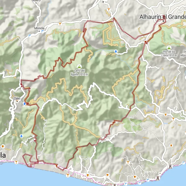 Map miniature of "Alhaurín el Grande to Ojén Gravel Loop" cycling inspiration in Andalucía, Spain. Generated by Tarmacs.app cycling route planner