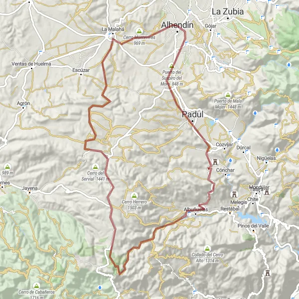 Miniatura mapy "Trasa gravelowa przez Puerto del Suspiro del Moro i Albuñuelas" - trasy rowerowej w Andalucía, Spain. Wygenerowane przez planer tras rowerowych Tarmacs.app