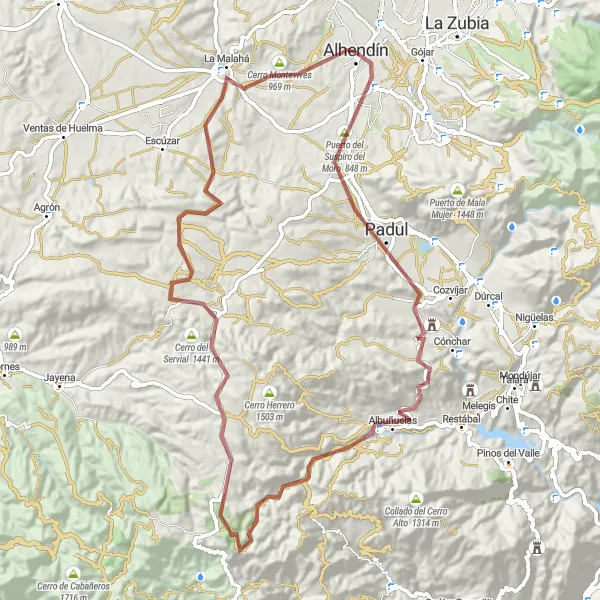 Miniatuurkaart van de fietsinspiratie "Gravelrit door de natuur rondom Alhendín" in Andalucía, Spain. Gemaakt door de Tarmacs.app fietsrouteplanner