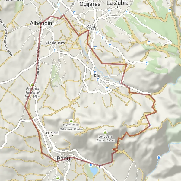 Miniaturní mapa "Gravelová cesta Gójar a Puerto del Suspiro del Moro" inspirace pro cyklisty v oblasti Andalucía, Spain. Vytvořeno pomocí plánovače tras Tarmacs.app