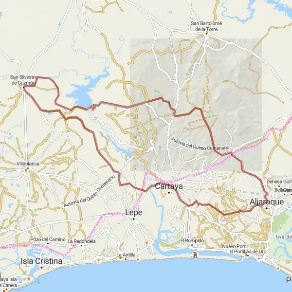 Miniatura mapy "Trasa realizowana w kategori gravel przez Aljaraque, Cartaya i San Silvestre de Guzmán" - trasy rowerowej w Andalucía, Spain. Wygenerowane przez planer tras rowerowych Tarmacs.app