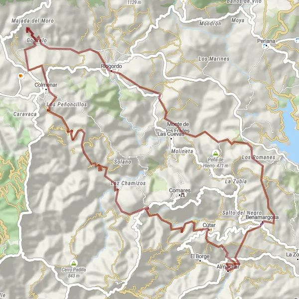 Miniatura della mappa di ispirazione al ciclismo "Giro in bicicletta in Gravel da Almáchar a Benamargosa" nella regione di Andalucía, Spain. Generata da Tarmacs.app, pianificatore di rotte ciclistiche