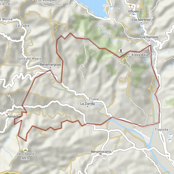Miniatura della mappa di ispirazione al ciclismo "Escursione in Gravel da Almáchar a Benamargosa" nella regione di Andalucía, Spain. Generata da Tarmacs.app, pianificatore di rotte ciclistiche