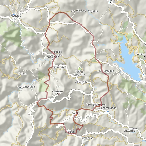 Miniatura della mappa di ispirazione al ciclismo "Il giro panoramico di Almáchar" nella regione di Andalucía, Spain. Generata da Tarmacs.app, pianificatore di rotte ciclistiche