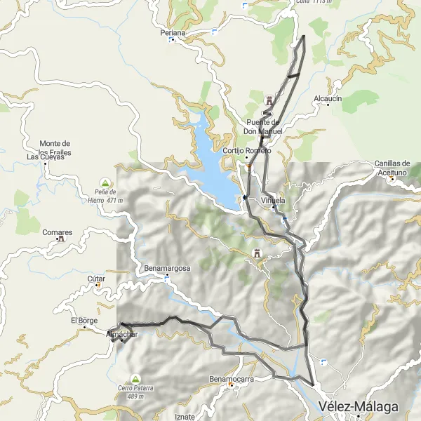 Miniatura della mappa di ispirazione al ciclismo "Tour in bici su strada da Almáchar a Viñuela" nella regione di Andalucía, Spain. Generata da Tarmacs.app, pianificatore di rotte ciclistiche