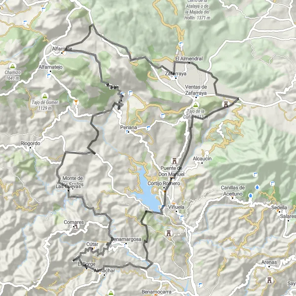 Miniatura mapy "Trasa Jazdy Szosowej przez Cútar i El Borge" - trasy rowerowej w Andalucía, Spain. Wygenerowane przez planer tras rowerowych Tarmacs.app