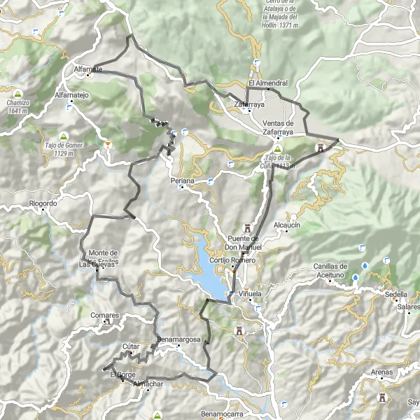 Miniatuurkaart van de fietsinspiratie "Uitdagende weg naar El Borge" in Andalucía, Spain. Gemaakt door de Tarmacs.app fietsrouteplanner