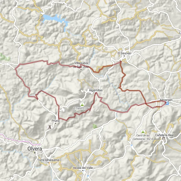 Miniatuurkaart van de fietsinspiratie "Avontuurlijke gravelroute van Almargen naar Algámitas" in Andalucía, Spain. Gemaakt door de Tarmacs.app fietsrouteplanner